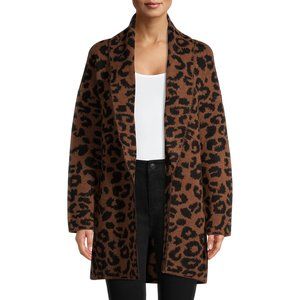 Time and Tru Shawl Collar Cardigan Sweater Leopard Print Small 4-6 Brown Black